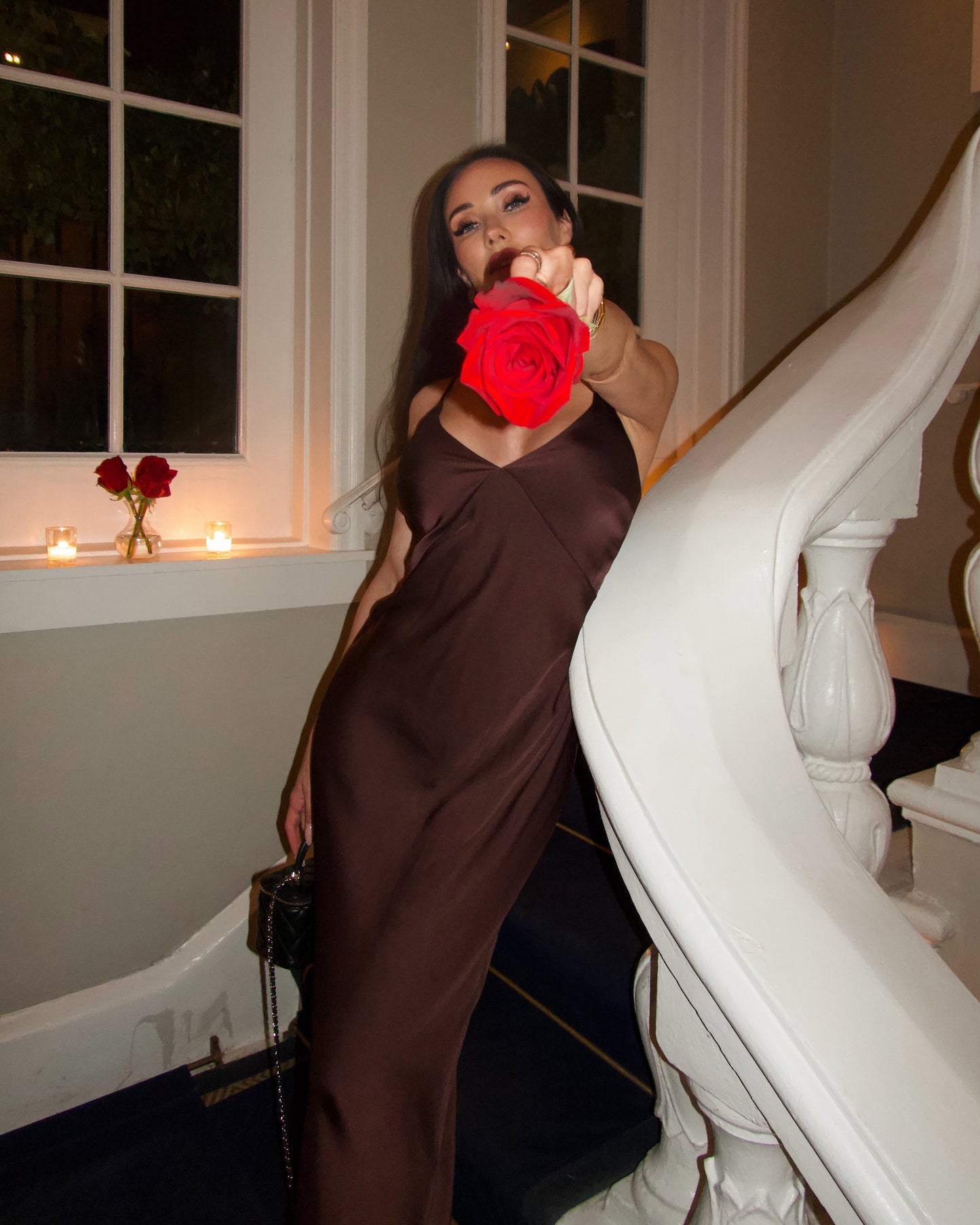 Silk Maxi Dress with Slit in Dark Chocolate