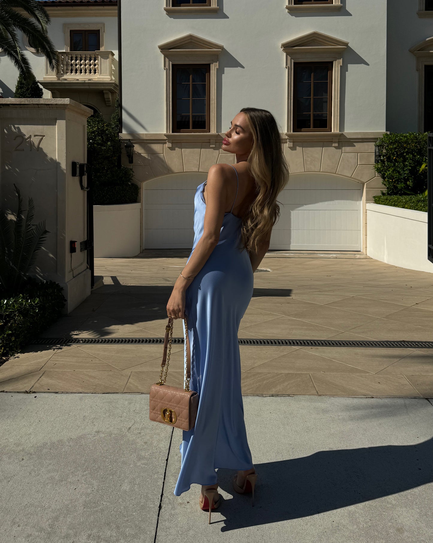 Silk Maxi Dress with Draped Cowl in Light Blue